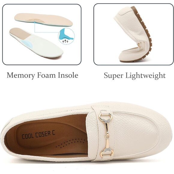 Women's White .pu Faux Leather Arch Support Casual Slip on Comfort Penny Loafers - Picture 3 of 6